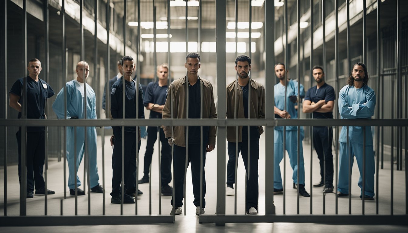 A group of individuals in an open prison setting, following the rules and regulations of the penal code. The atmosphere is orderly and structured